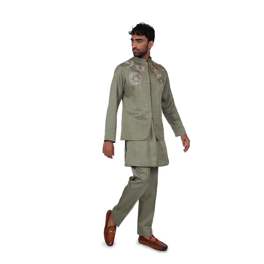 Sage Bloom Nehru Jacket Set, three-quarter front view walking, on white background