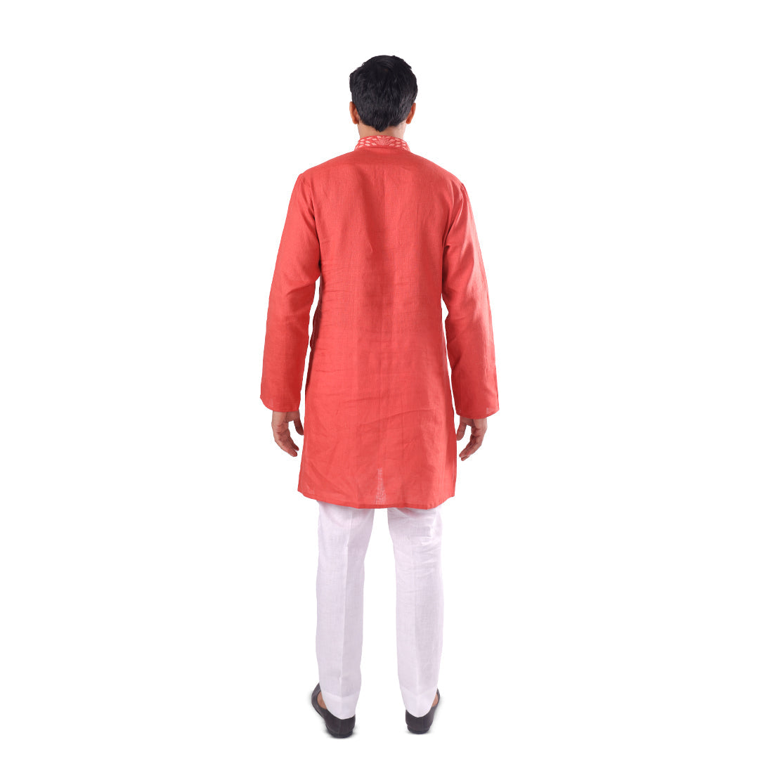 Coral Botanical-Statement Hemp Kurta Set, back view on white background