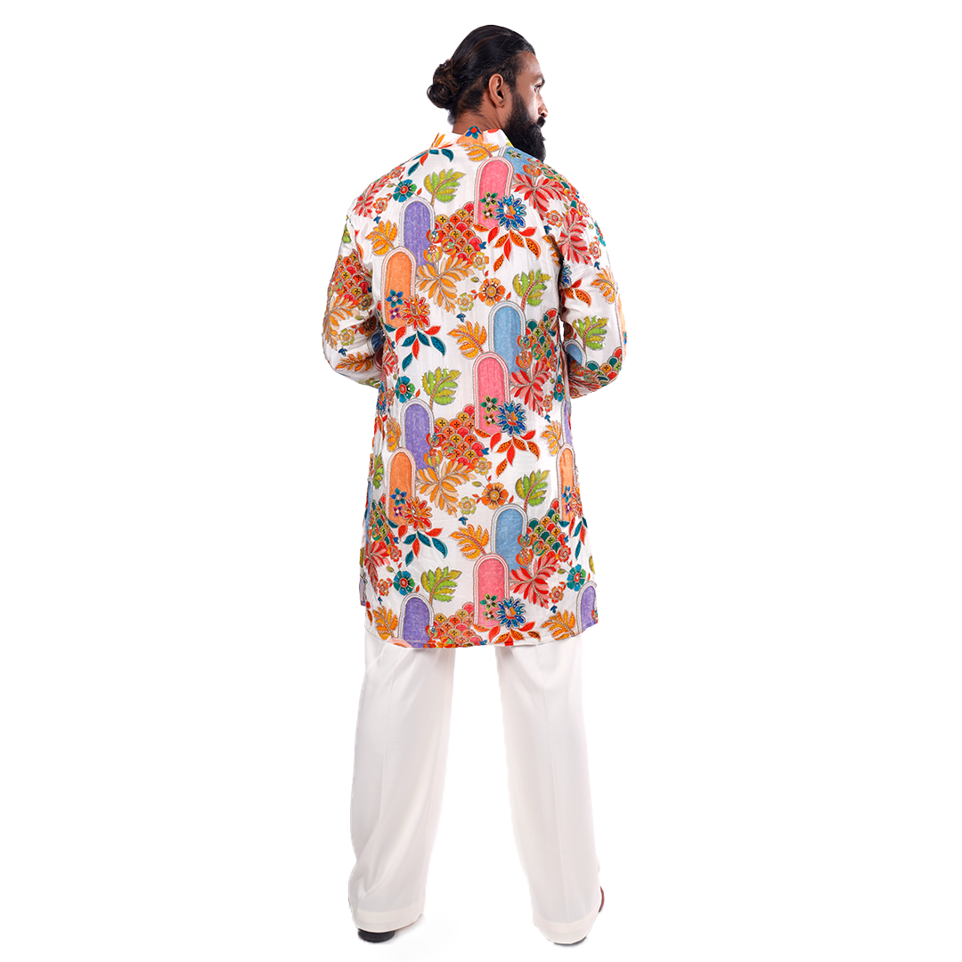 Back view of white floral kurta