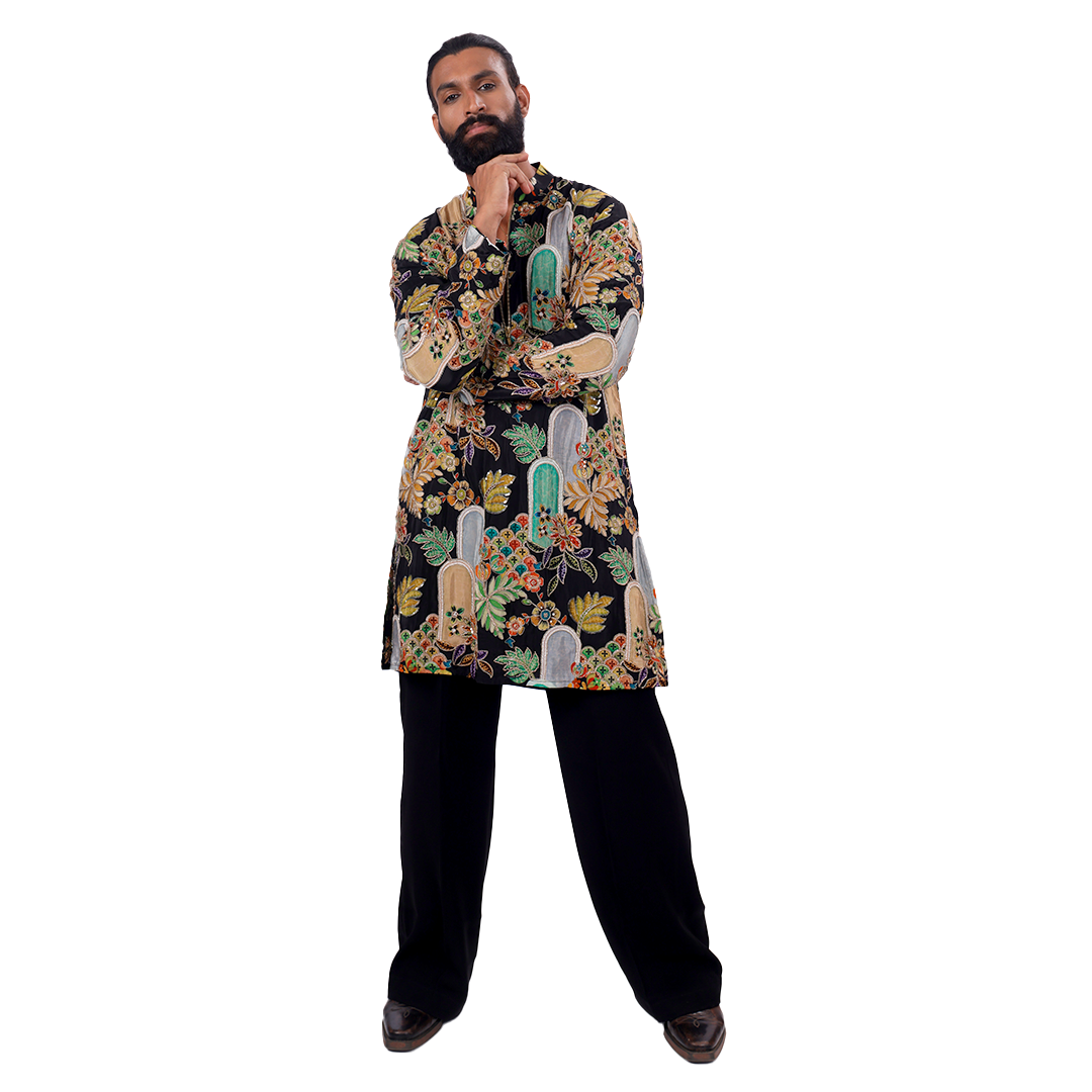 Black floral printed kurta with trousers