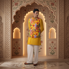 Yellow kurta with floral Nehru jacket