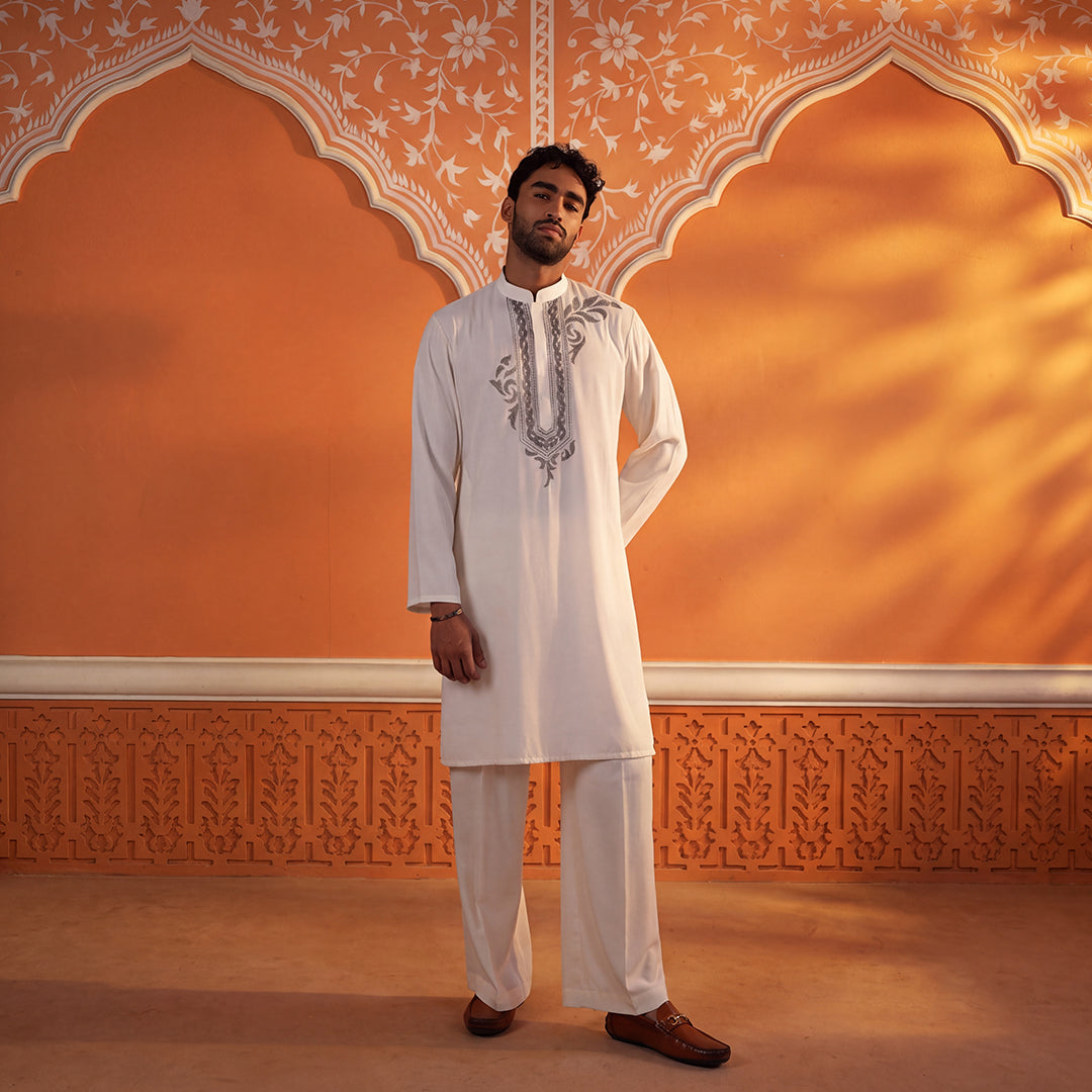White embroidered kurta with trousers