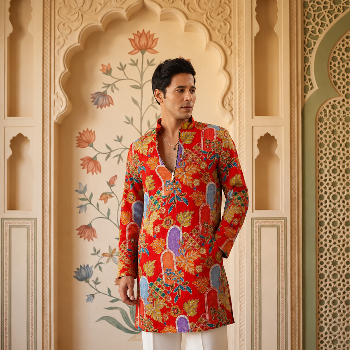 Red floral printed kurta