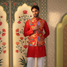 Red kurta with floral Nehru jacket